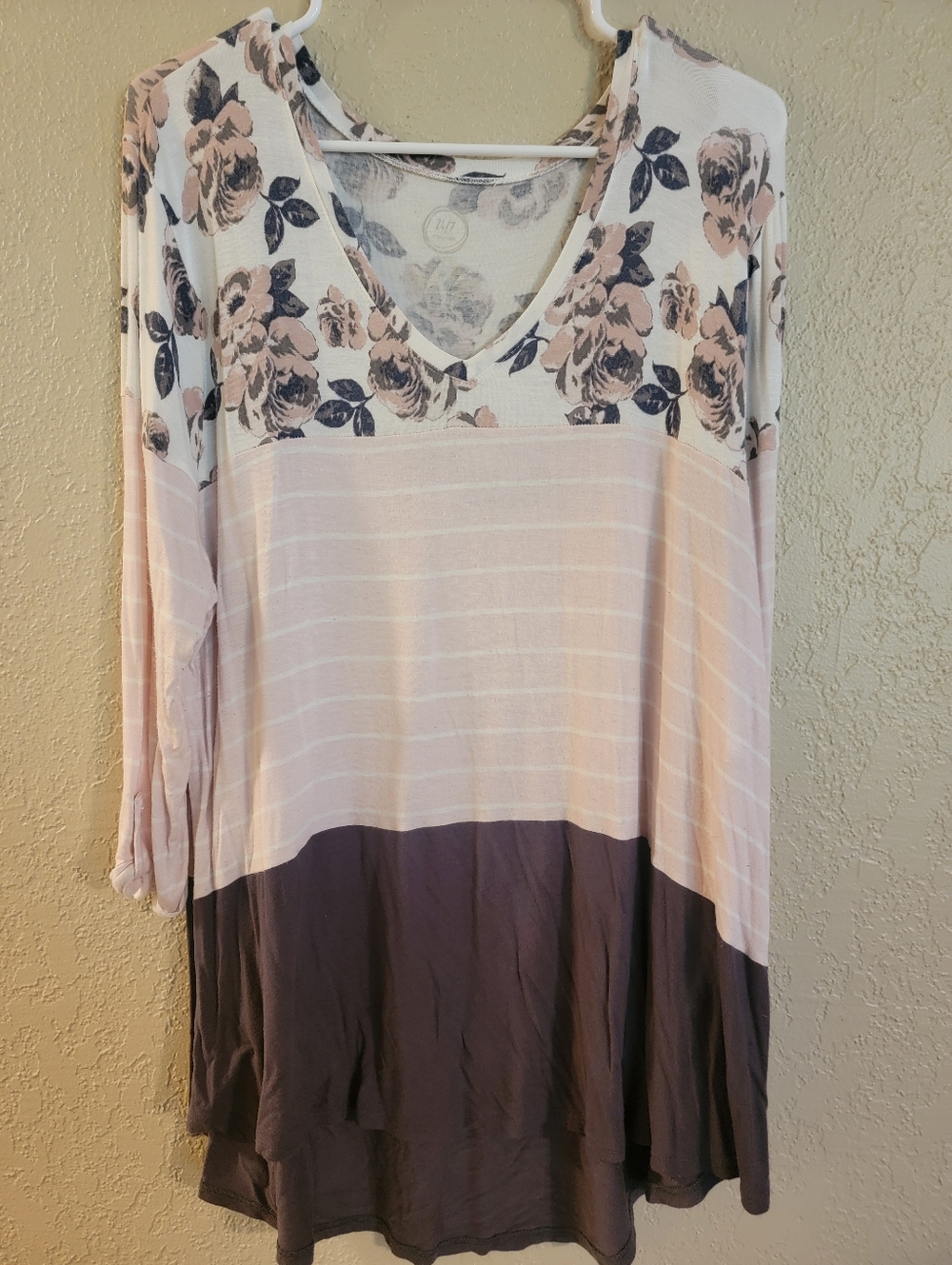 Women’s Floral & Stripe V-Neck Tunic Top - Blush and Charcoal